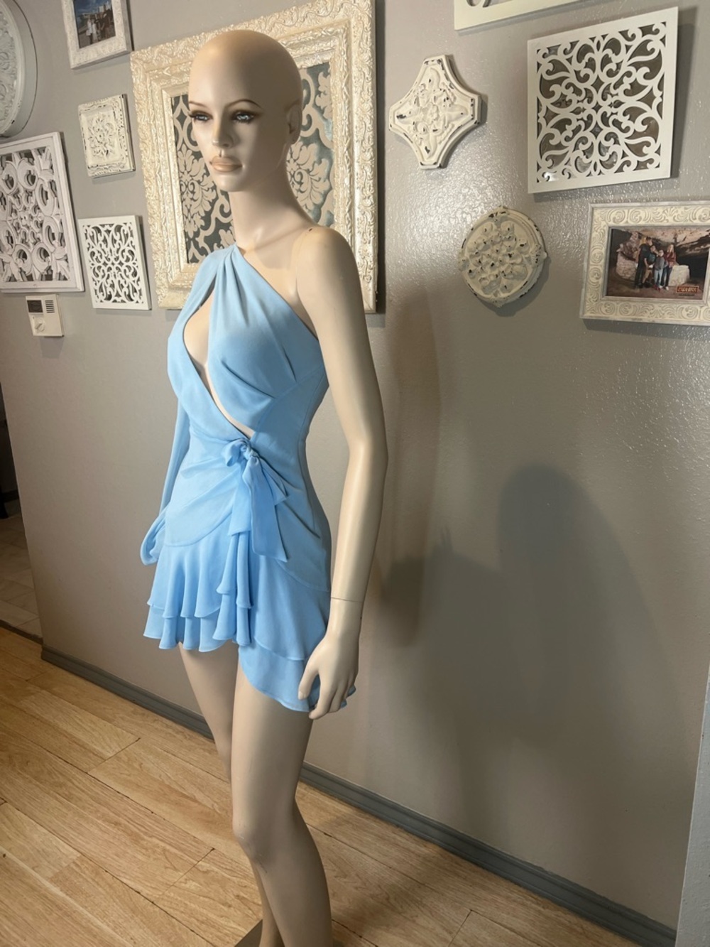 One-Shoulder Light Blue Ruffle Wrap Dress - Picture 2 of 10